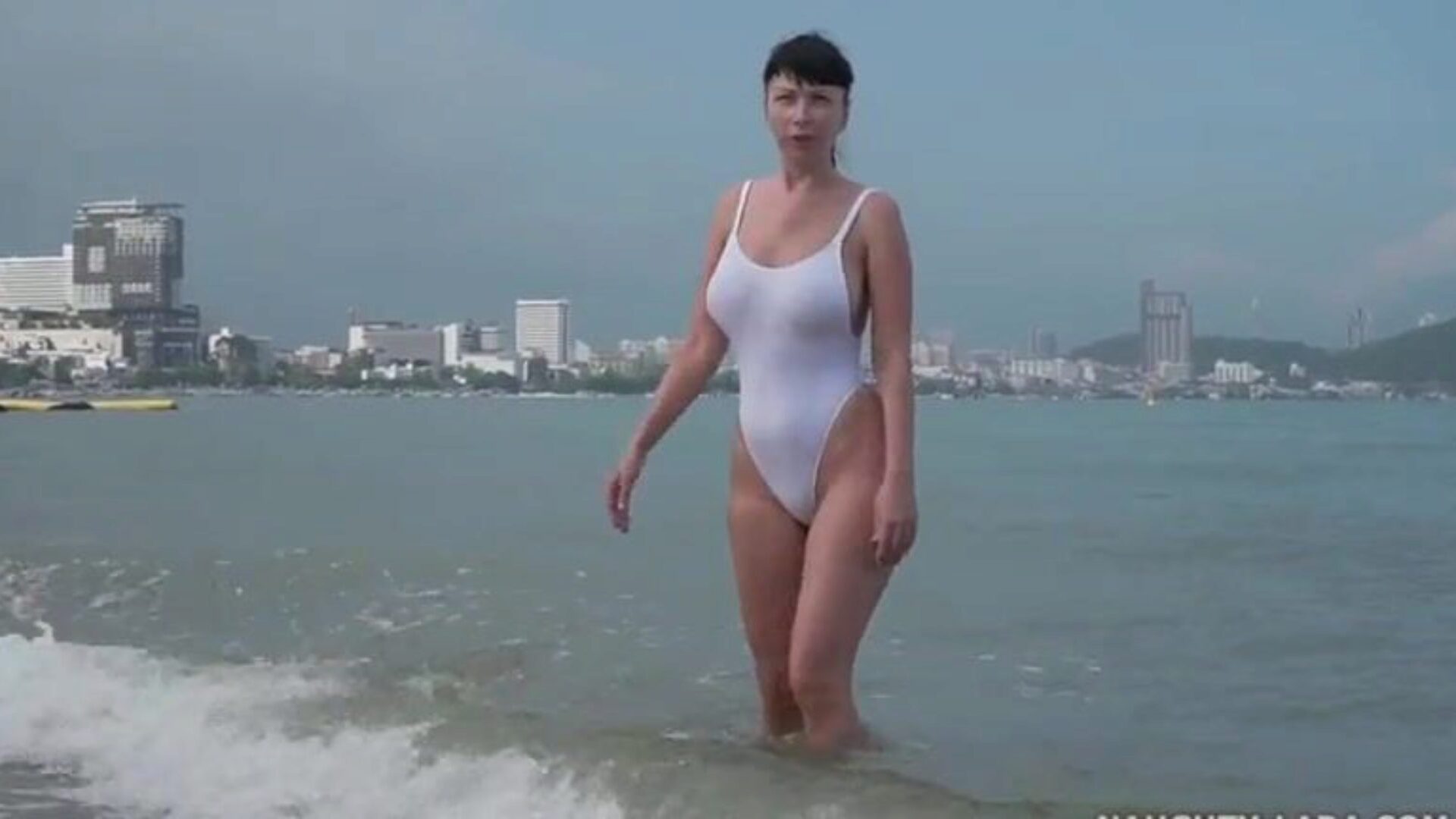 White one-piece transparent when soaked bathing suit