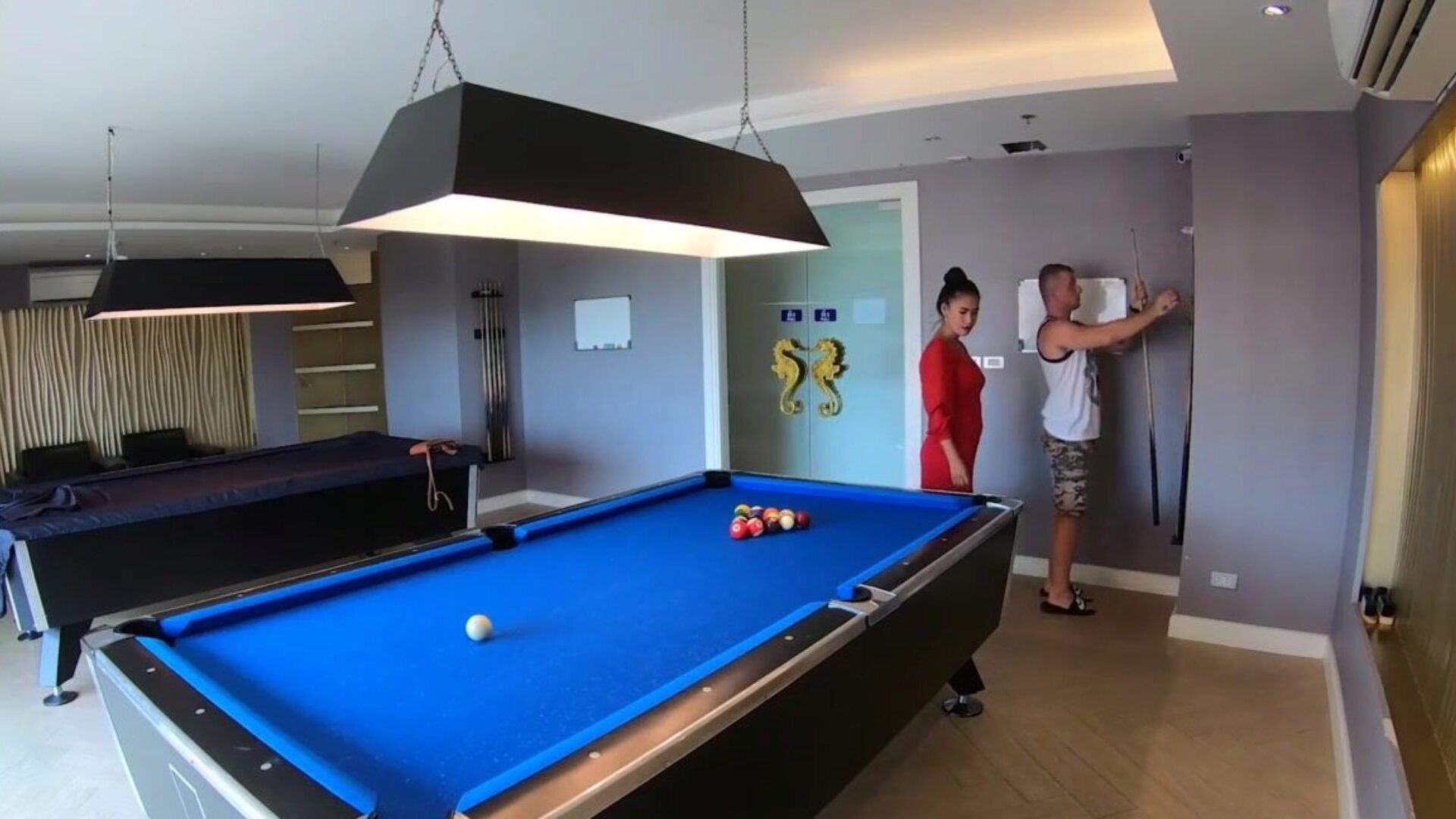 Amateur couple plays pool and has ardent hump afterward