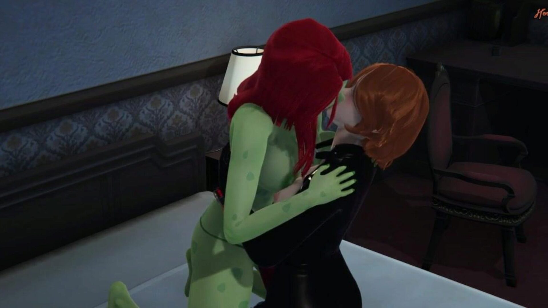 Poison Ivy copulates Black Widow with a romp toy until this babe jizzes