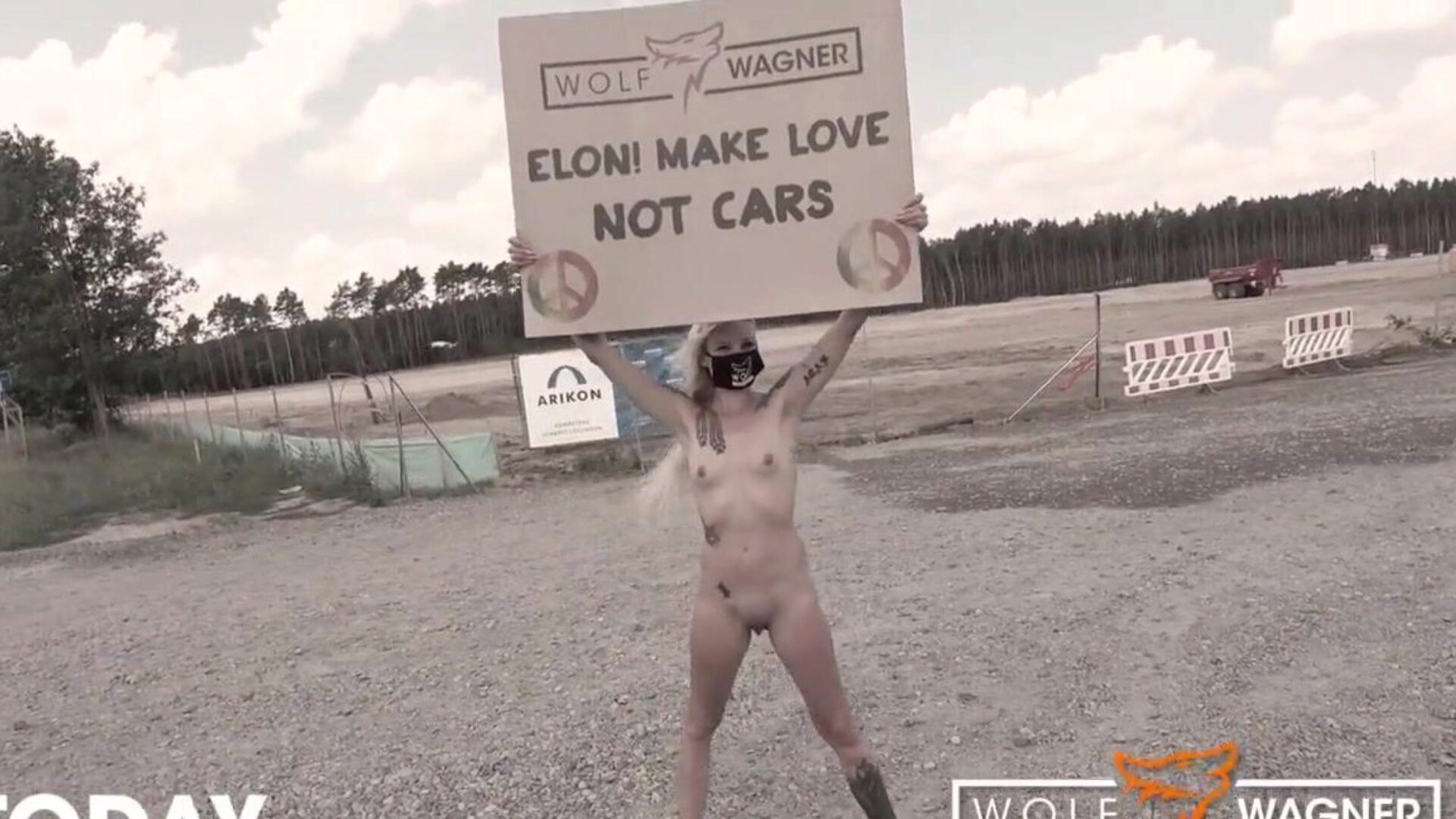 Tesla Protest! Kitty Blair naked in public w/ message for Elon! + Public Fuck! WOLF WAGNER