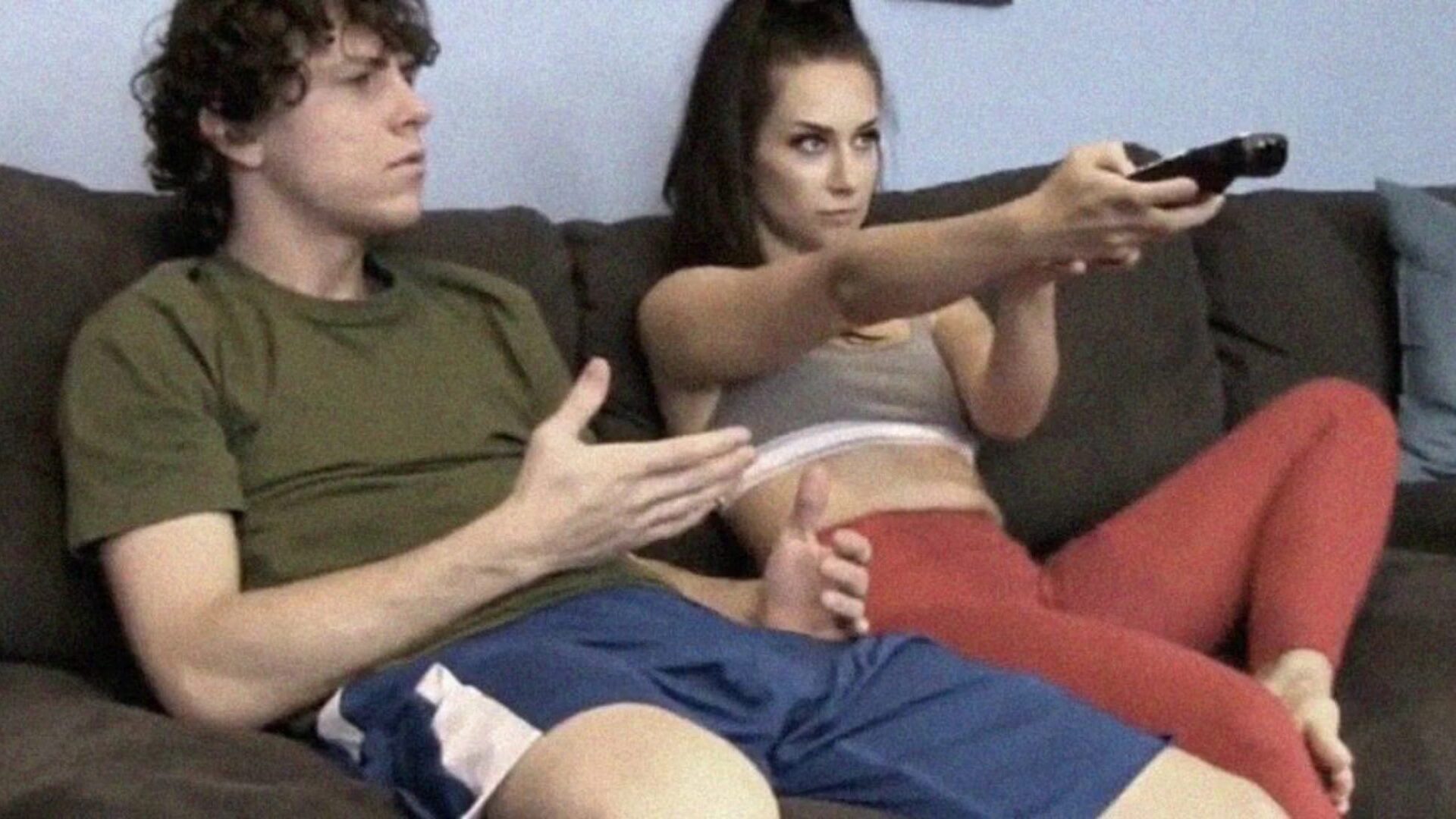 Mischievous Step Sister Jerks off Step Brother on the Couch